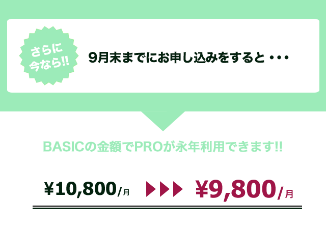 キャンペーン中。今ならBASICの金額でPROが永年利用できます。